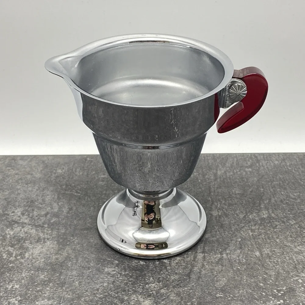As‎ Is Vintage Art Deco Chrome Creamer & Sugar Cherry Red Bakelite Handles